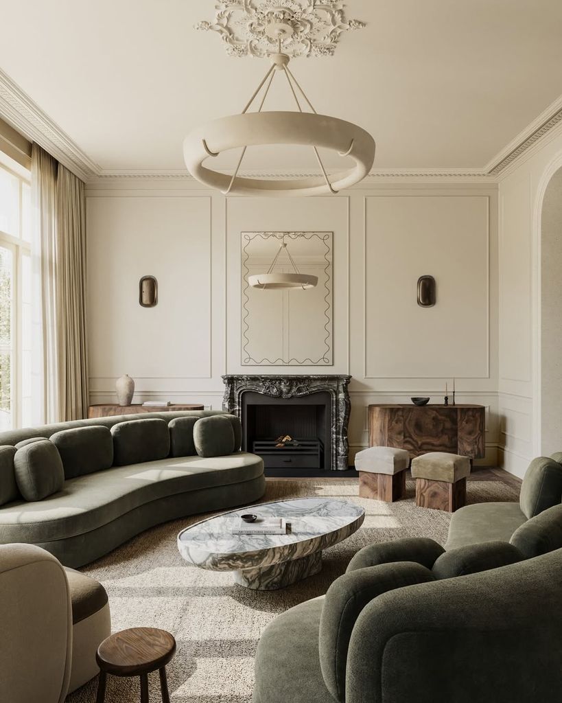 green curved sofas in large living room 
