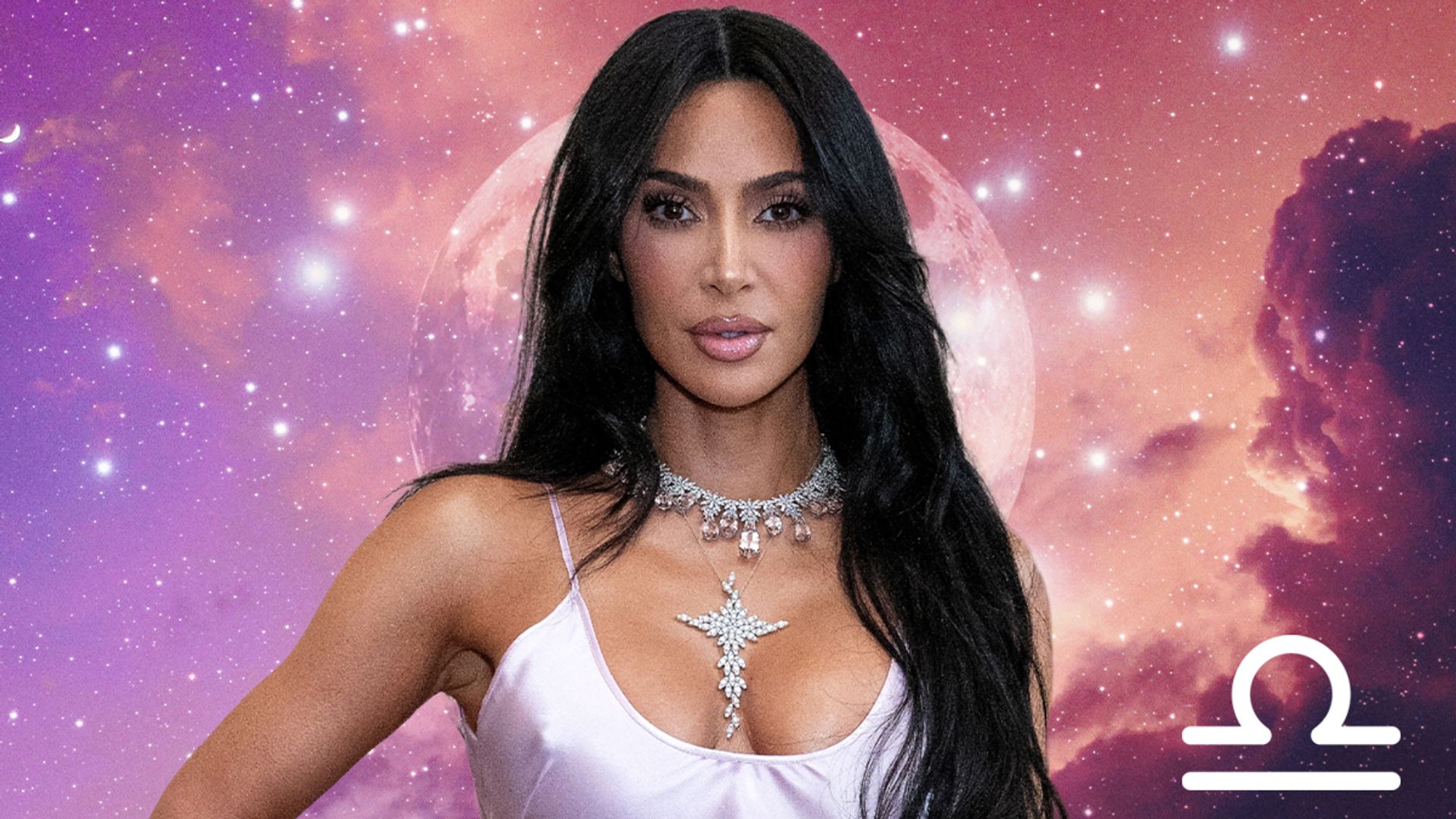 Kim Kardashian wearing a lilac dress and diamond necklace with a Libra zodiac theme